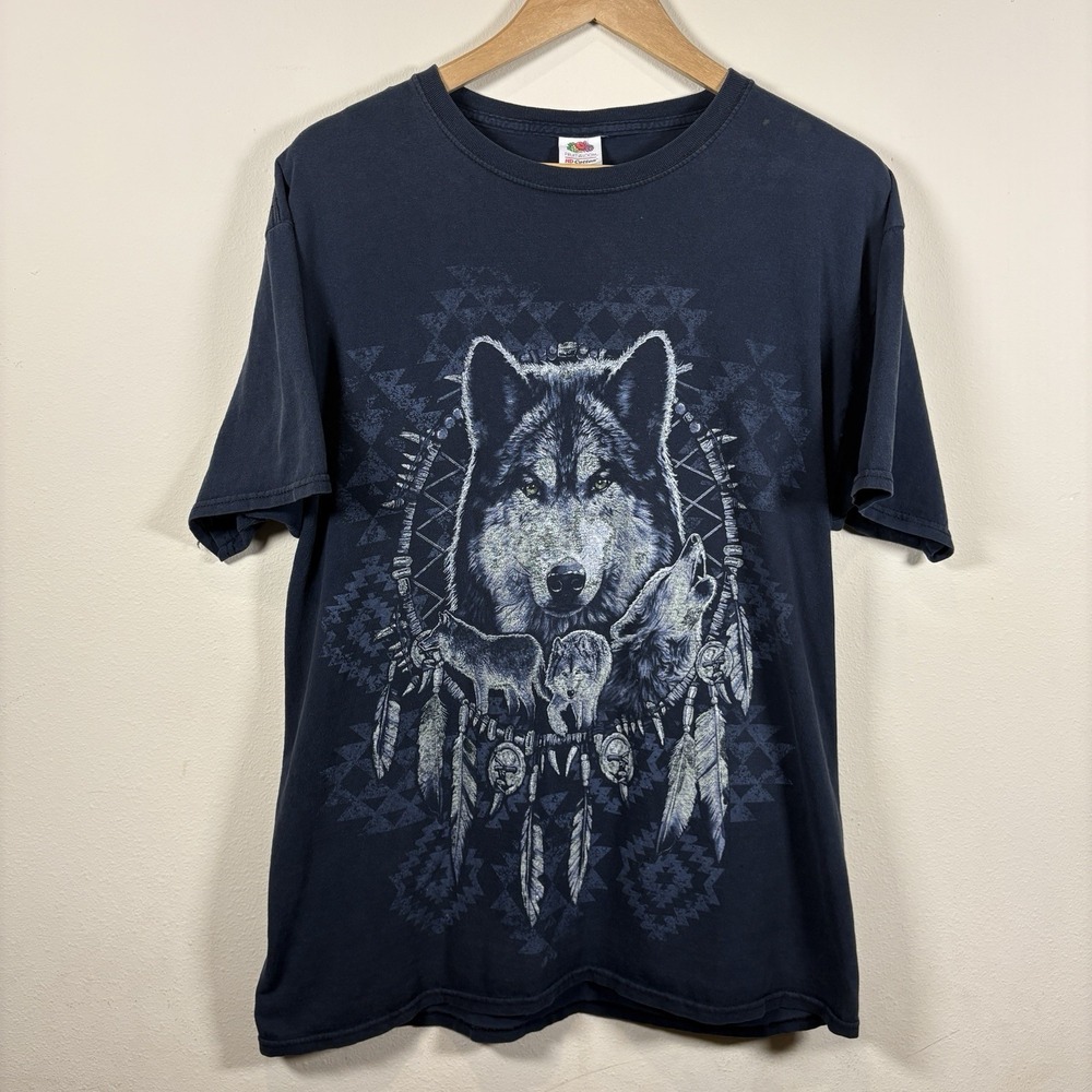 VTG Fruit Of The Loom Shirt Mens L  Black Wolf Dreamcatcher Graphic Nature Tee